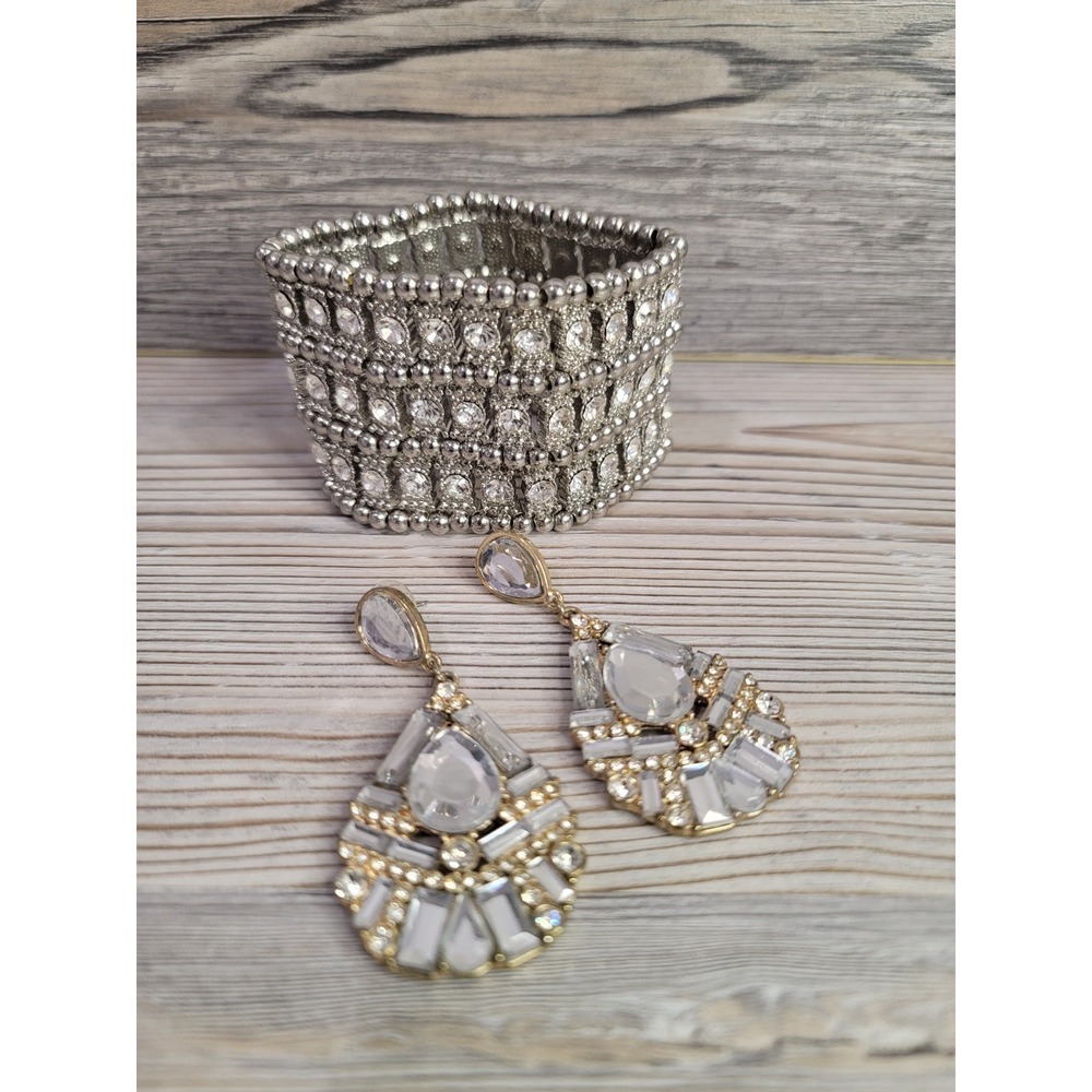 clear crystal bangle cuff and crystal earing set. chunky band sparkly pierced